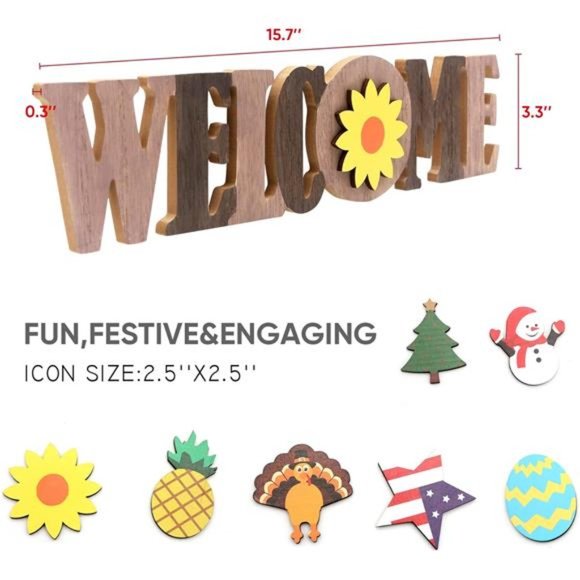 Interchangeable Welcome Sign Rustic Wood Home Decor with 12 Seasonal Magnets - Picture 3 of 8